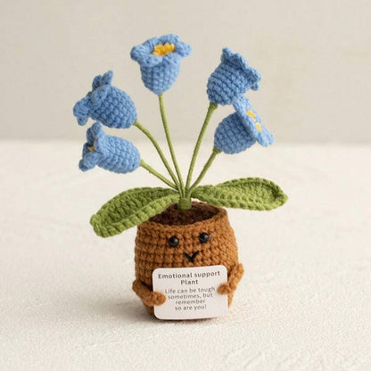 Pianta in vaso ispirante, decorazione floreale lavorata a mano all'uncinetto, pianta in miniatura, nontiscordardime, mughetto, calendula, girasole, biglietto di incoraggiamento caldo fatto a mano