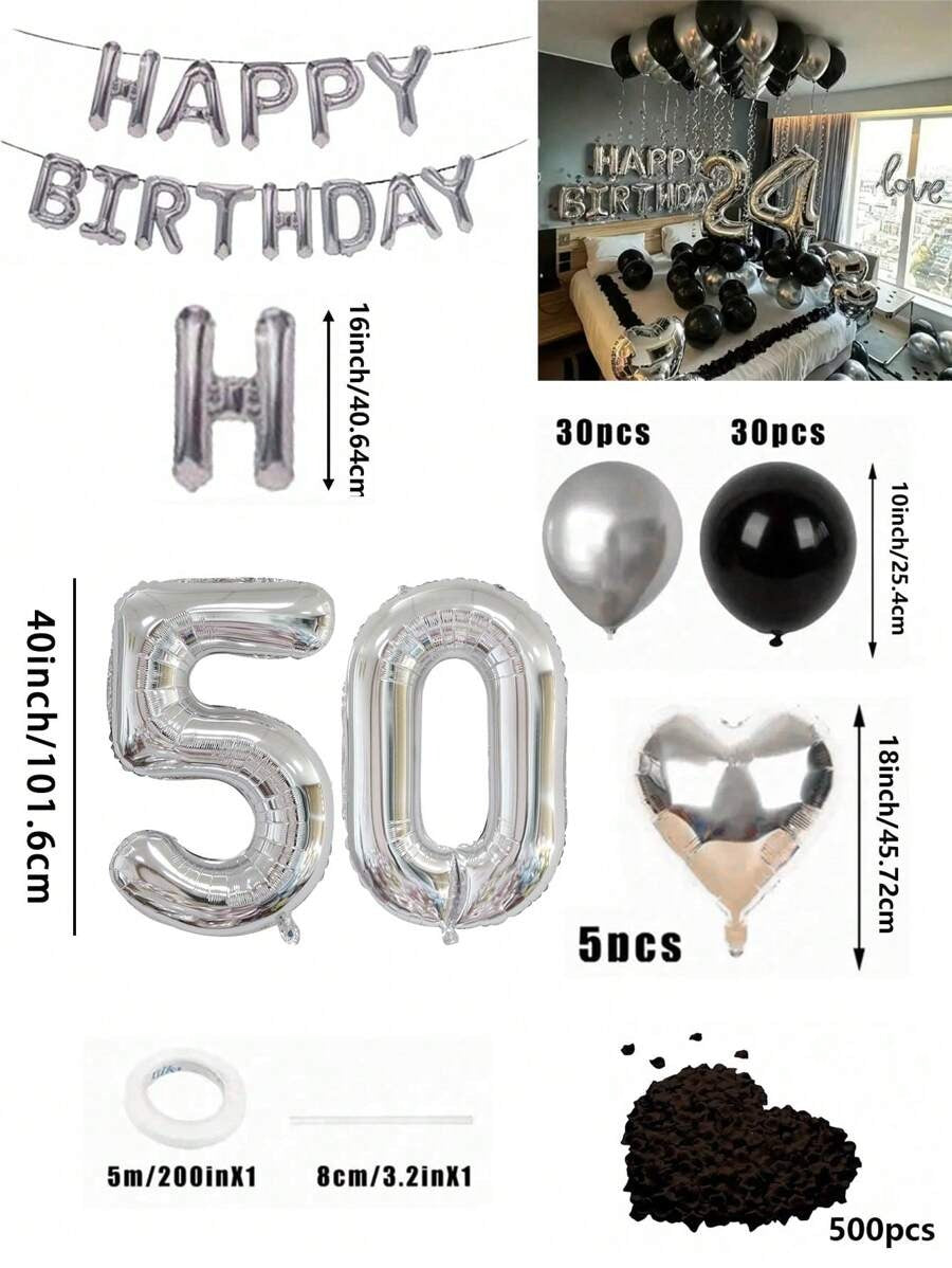 Set di 580 palloncini per ghirlanda da compleanno, colori nero e argento, palloncini in foil numeri oversize da 40", petali di rosa neri, adatto per feste di compleanno di uomini e donne
