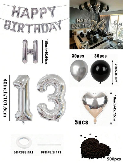 Set di 580 palloncini per ghirlanda da compleanno, colori nero e argento, palloncini in foil numeri oversize da 40", petali di rosa neri, adatto per feste di compleanno di uomini e donne