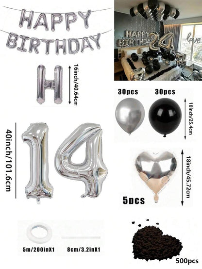 Set di 580 palloncini per ghirlanda da compleanno, colori nero e argento, palloncini in foil numeri oversize da 40", petali di rosa neri, adatto per feste di compleanno di uomini e donne