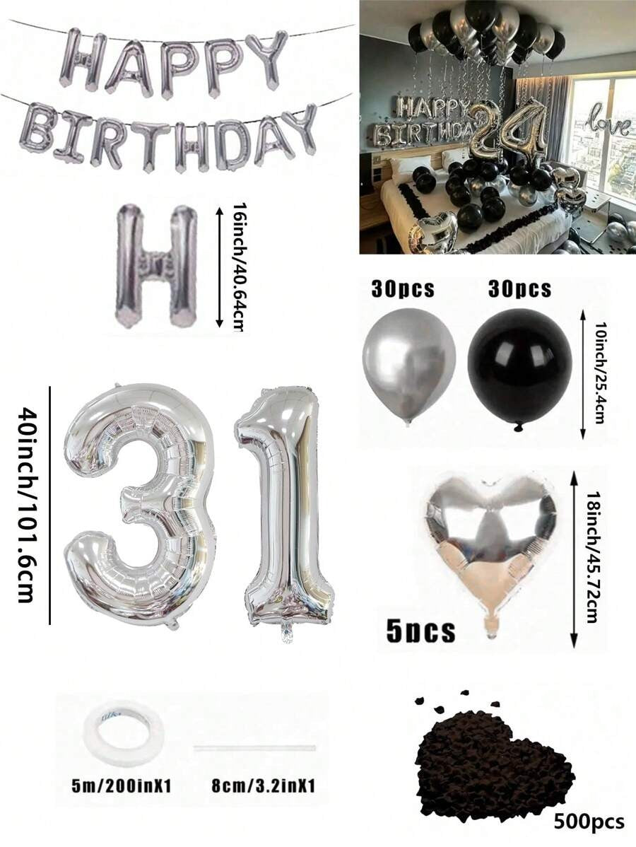 Set di 580 palloncini per ghirlanda da compleanno, colori nero e argento, palloncini in foil numeri oversize da 40", petali di rosa neri, adatto per feste di compleanno di uomini e donne