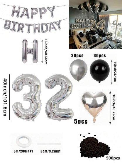 Set di 580 palloncini per ghirlanda da compleanno, colori nero e argento, palloncini in foil numeri oversize da 40", petali di rosa neri, adatto per feste di compleanno di uomini e donne