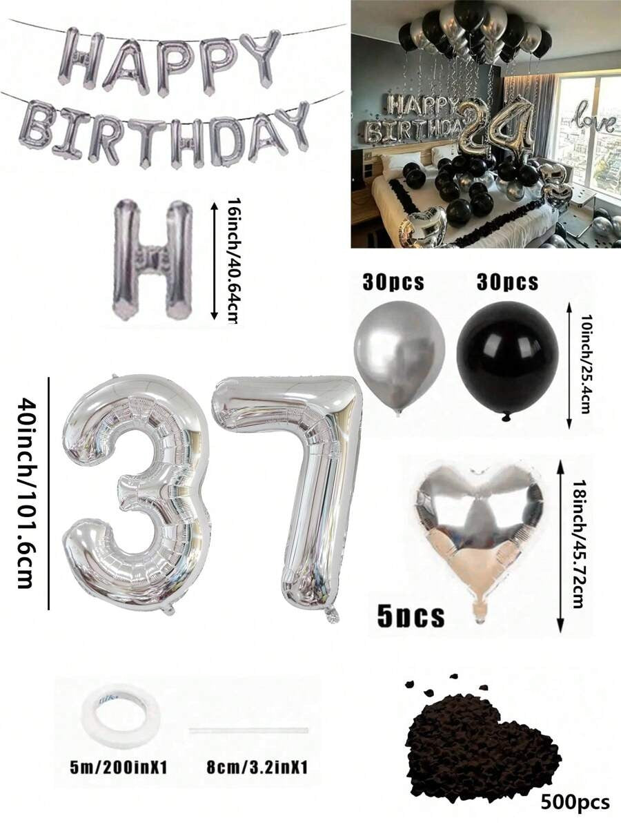 Set di 580 palloncini per ghirlanda da compleanno, colori nero e argento, palloncini in foil numeri oversize da 40", petali di rosa neri, adatto per feste di compleanno di uomini e donne