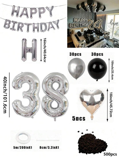 Set di 580 palloncini per ghirlanda da compleanno, colori nero e argento, palloncini in foil numeri oversize da 40", petali di rosa neri, adatto per feste di compleanno di uomini e donne