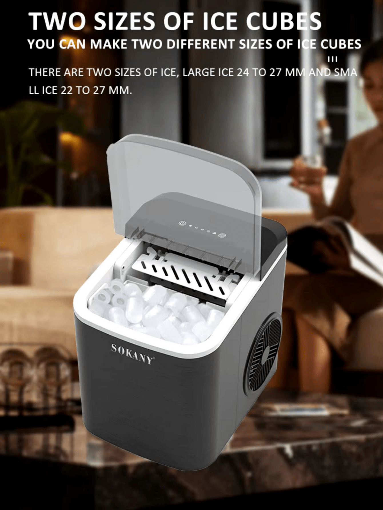 SOKANY Macchina per il ghiaccio, fabbricatore di ghiaccio da tavolo, 9 cubetti di ghiaccio in 6 minuti, 12 kg in 24 ore, con paletta e cestello, macchina portatile per cubetti di ghiaccio per casa