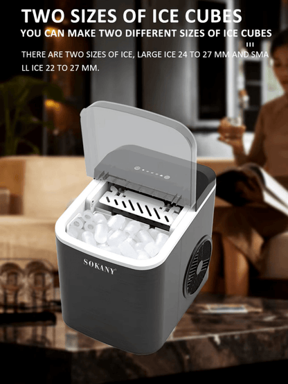 SOKANY Macchina per il ghiaccio, fabbricatore di ghiaccio da tavolo, 9 cubetti di ghiaccio in 6 minuti, 12 kg in 24 ore, con paletta e cestello, macchina portatile per cubetti di ghiaccio per casa