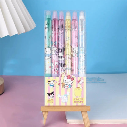 Set di 6 penne gel cancellabili con amici di Hello Kitty, Kuromi e Melody (Kuromi/Melody/Cinnamoroll/Pochacco) - Penne a sfera retrattili ad inchiostro blu da 0,5 mm