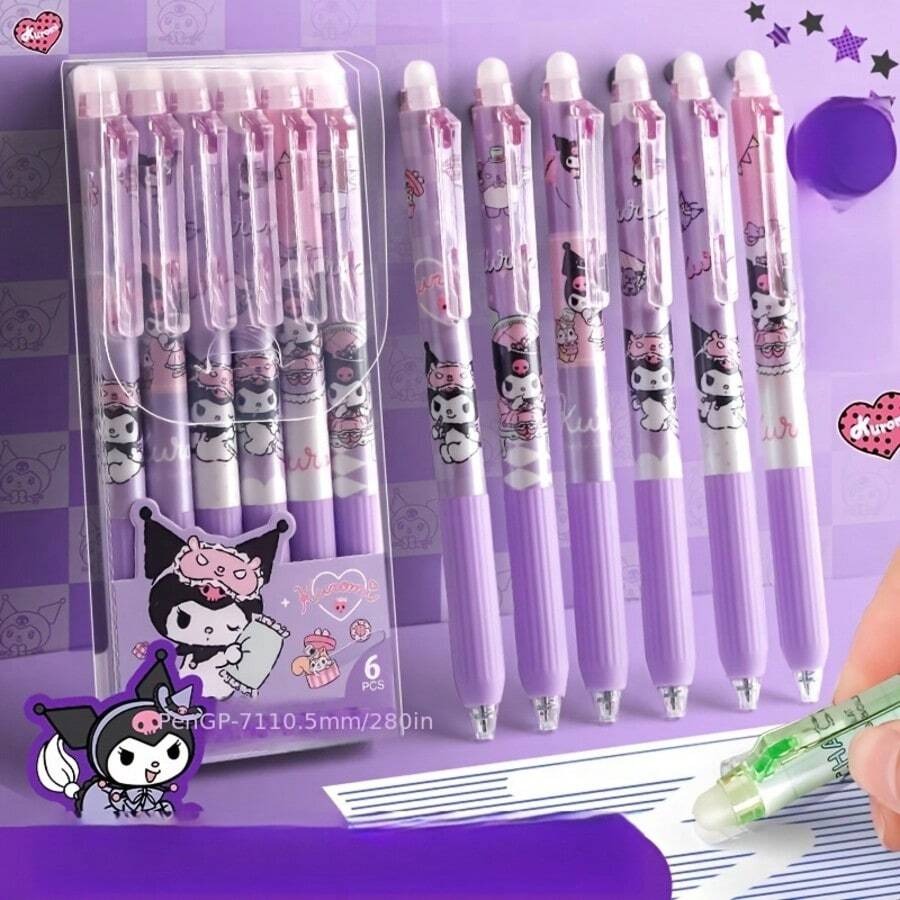 Set di 6 penne gel cancellabili con amici di Hello Kitty, Kuromi e Melody (Kuromi/Melody/Cinnamoroll/Pochacco) - Penne a sfera retrattili ad inchiostro blu da 0,5 mm