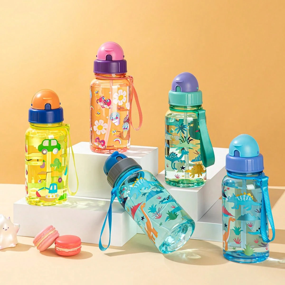 Borraccia da 500ml con stampa di cartoni animati carini, con cannuccia, a prova di perdite, facile da pulire e con manico per il trasporto, adatta per la scuola