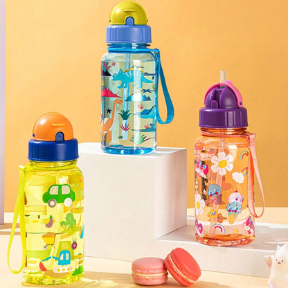 Borraccia da 500ml con stampa di cartoni animati carini, con cannuccia, a prova di perdite, facile da pulire e con manico per il trasporto, adatta per la scuola