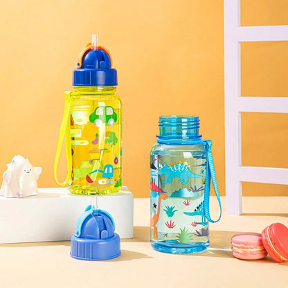 Borraccia da 500ml con stampa di cartoni animati carini, con cannuccia, a prova di perdite, facile da pulire e con manico per il trasporto, adatta per la scuola