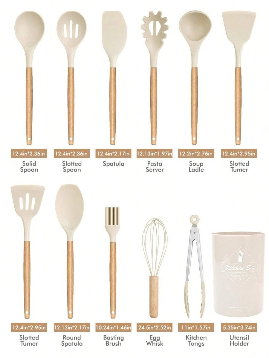 12 pezzi Set di utensili da cucina in silicone, set di utensili da cucina antiaderenti con supporto in legno, lavabili in lavastoviglie, resistenti al calore fino a 230°C