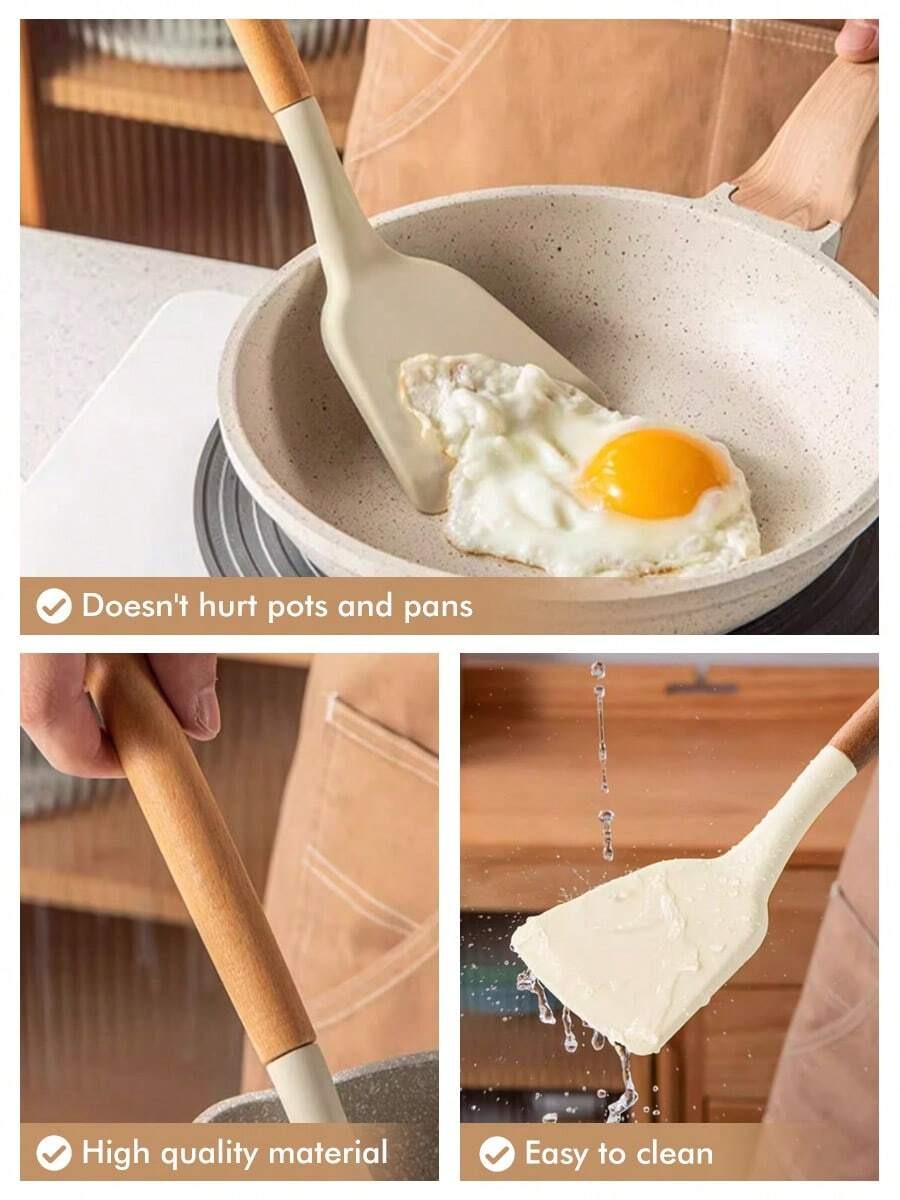12 pezzi Set di utensili da cucina in silicone, set di utensili da cucina antiaderenti con supporto in legno, lavabili in lavastoviglie, resistenti al calore fino a 230°C
