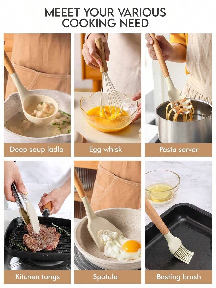 12 pezzi Set di utensili da cucina in silicone, set di utensili da cucina antiaderenti con supporto in legno, lavabili in lavastoviglie, resistenti al calore fino a 230°C
