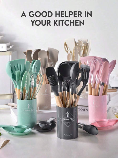 12 pezzi Set di utensili da cucina in silicone, set di utensili da cucina antiaderenti con supporto in legno, lavabili in lavastoviglie, resistenti al calore fino a 230°C