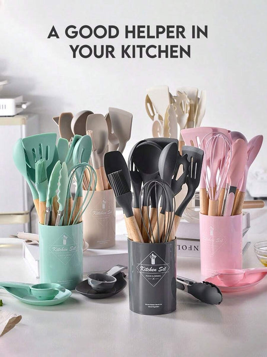 12 pezzi Set di utensili da cucina in silicone, set di utensili da cucina antiaderenti con supporto in legno, lavabili in lavastoviglie, resistenti al calore fino a 230°C