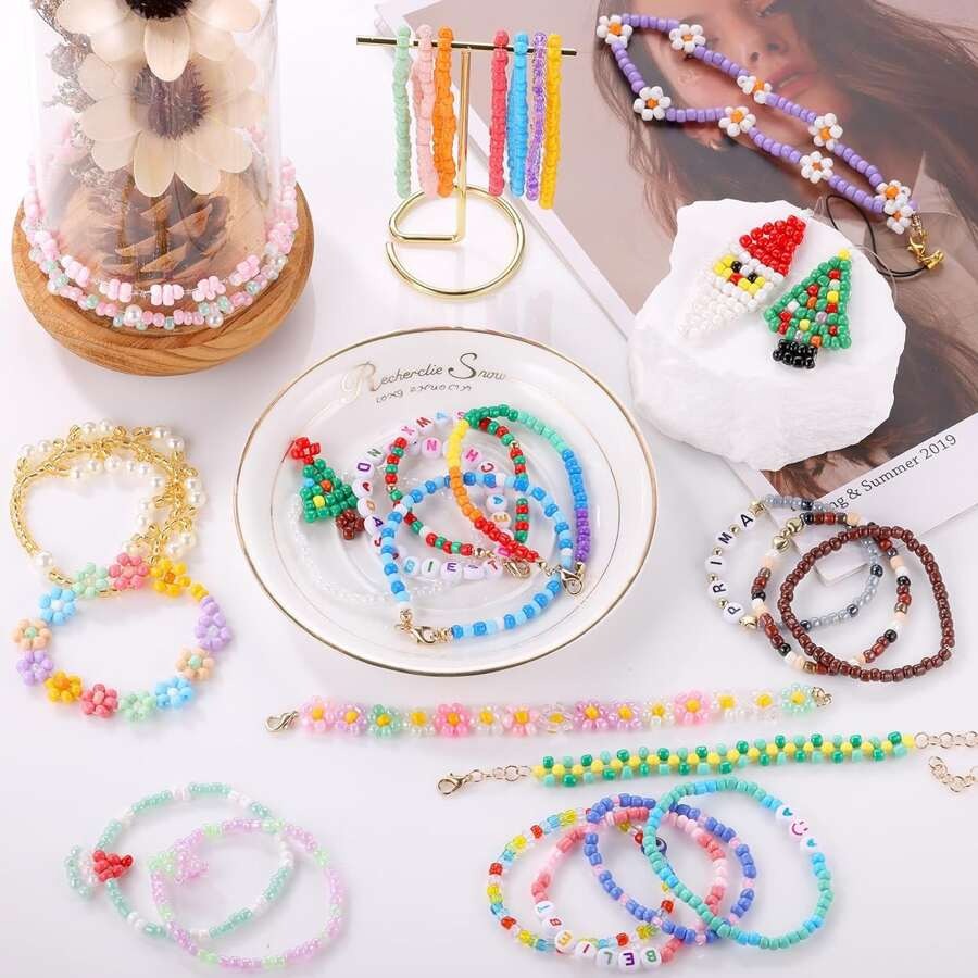 4800pz / 9600pz Perline di vetro da 3mm, kit per la creazione di gioielli, include 24 colori di perline sciolte di vetro, filo di perline, per realizzare gioielli