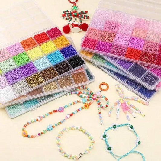 4800pz / 9600pz Perline di vetro da 3mm, kit per la creazione di gioielli, include 24 colori di perline sciolte di vetro, filo di perline, per realizzare gioielli