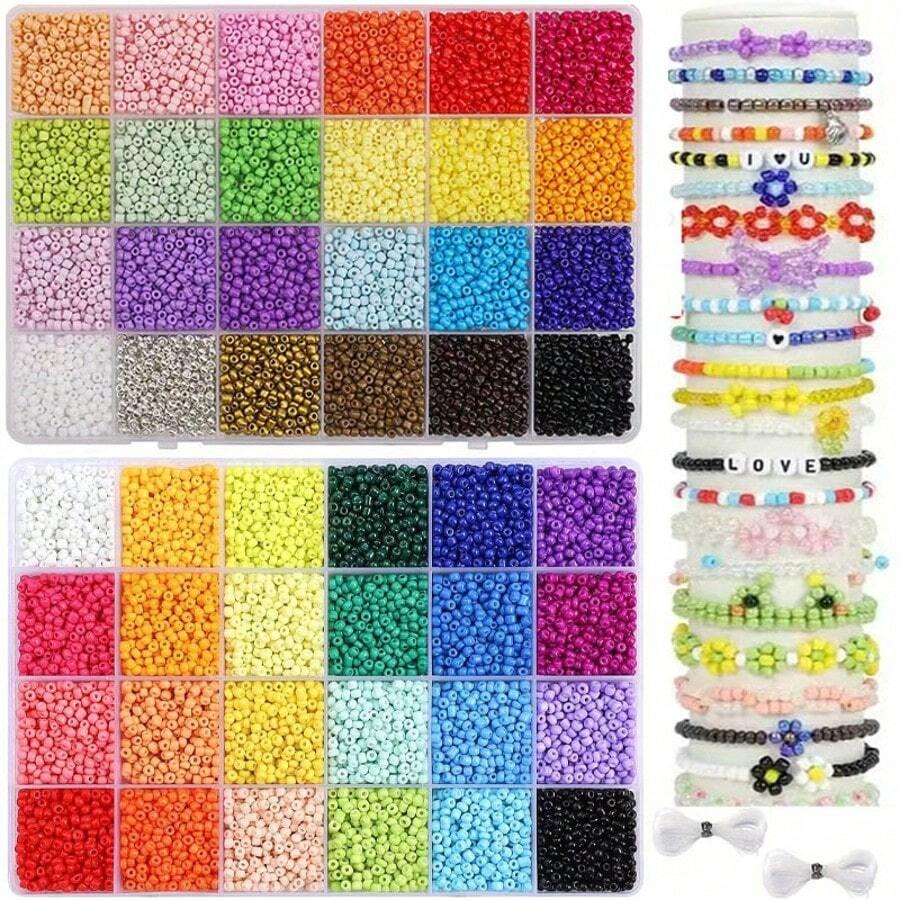 4800pz / 9600pz Perline di vetro da 3mm, kit per la creazione di gioielli, include 24 colori di perline sciolte di vetro, filo di perline, per realizzare gioielli