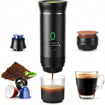 Macchina per caffè espresso elettrica portatile, macchina da caffè da campeggio, macchina da caffè per auto con funzione di auto-riscaldamento, interfaccia USB-C, adatta per macinare caffè e capsule NS, molto adatta per camper