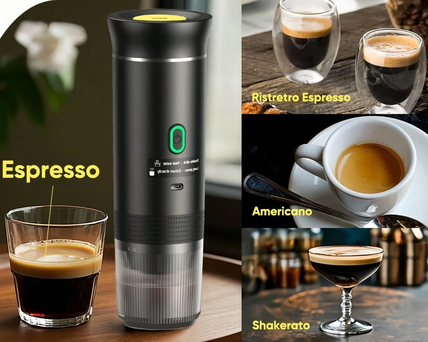 Macchina per caffè espresso elettrica portatile, macchina da caffè da campeggio, macchina da caffè per auto con funzione di auto-riscaldamento, interfaccia USB-C, adatta per macinare caffè e capsule NS, molto adatta per camper
