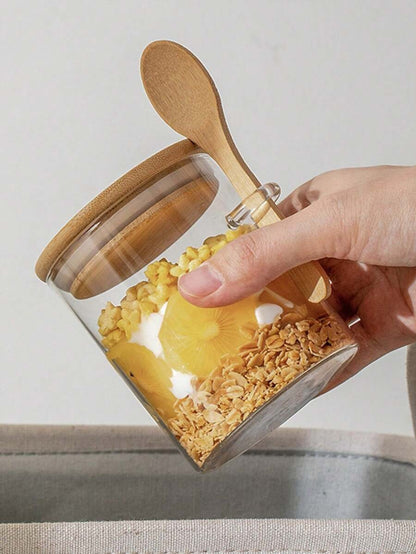 Barattoli in vetro ermetici rotondi, barattoli per condimenti con coperchi in bambù e cucchiaini, contenitori per alimenti per zucchero, caffè, noci, barattoli in vetro per la cucina per farina, biscotti, caramelle, tè matcha, noci e spezie