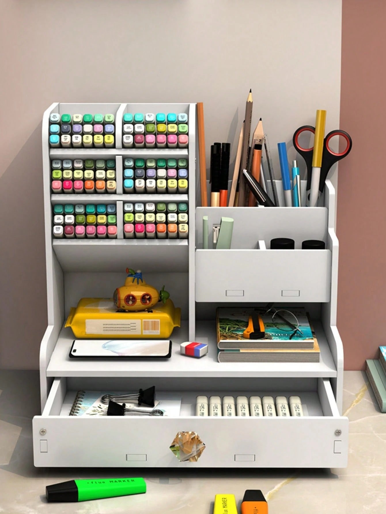 Portaoggetti da scrivania multifunzionale, portapenne fai-da-te, contenitore per articoli di cartoleria, grande capacità, adatto per studenti, design in legno e plastica, adatto per compleanni, lauree, feste dei single