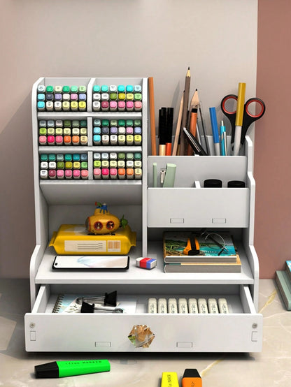 Portaoggetti da scrivania multifunzionale, portapenne fai-da-te, contenitore per articoli di cartoleria, grande capacità, adatto per studenti, design in legno e plastica, adatto per compleanni, lauree, feste dei single