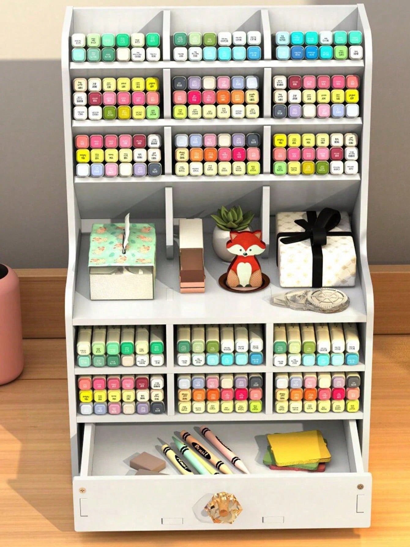 Portaoggetti da scrivania multifunzionale, portapenne fai-da-te, contenitore per articoli di cartoleria, grande capacità, adatto per studenti, design in legno e plastica, adatto per compleanni, lauree, feste dei single