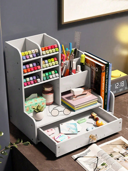 Portaoggetti da scrivania multifunzionale, portapenne fai-da-te, contenitore per articoli di cartoleria, grande capacità, adatto per studenti, design in legno e plastica, adatto per compleanni, lauree, feste dei single