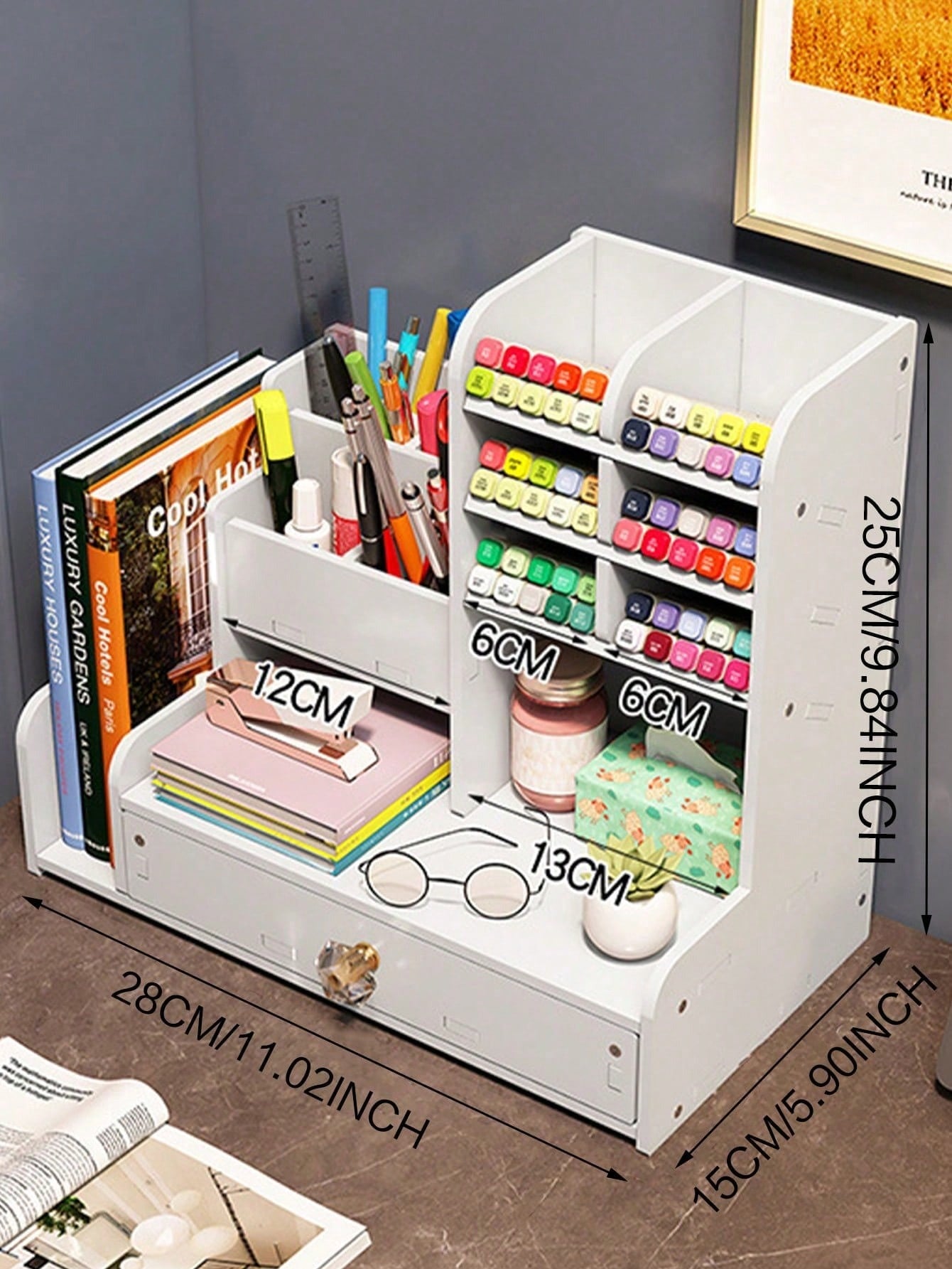 Portaoggetti da scrivania multifunzionale, portapenne fai-da-te, contenitore per articoli di cartoleria, grande capacità, adatto per studenti, design in legno e plastica, adatto per compleanni, lauree, feste dei single