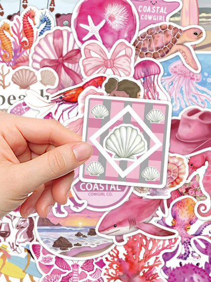 50 pezzi Adesivi decorativi rosa con tema da ragazza costiera per quaderni, laptop, custodie per telefono, bagagli, skateboard, caschi, forniture scolastiche, per il ritorno a scuola