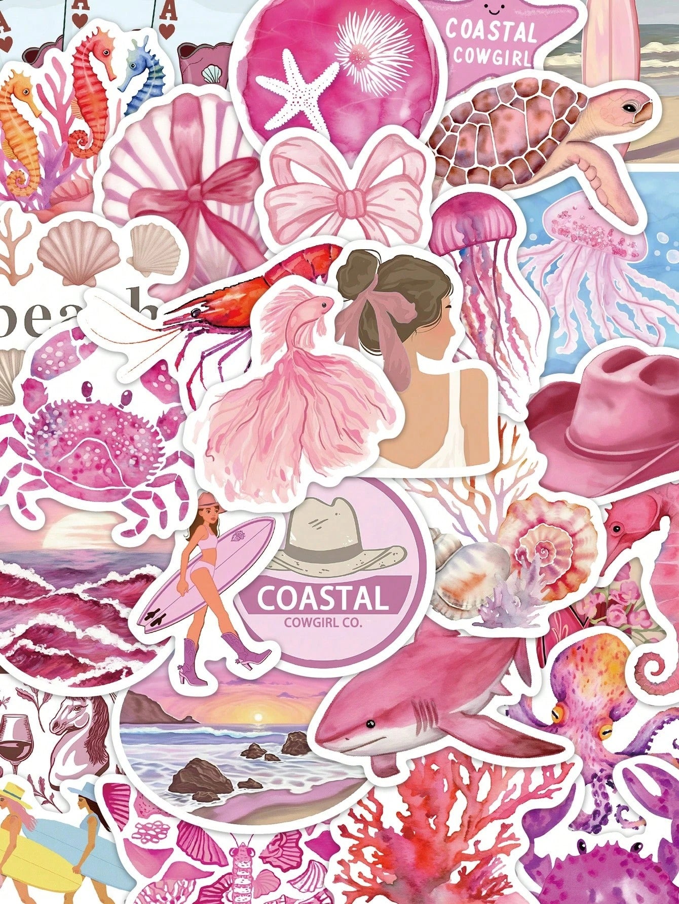 50 pezzi Adesivi decorativi rosa con tema da ragazza costiera per quaderni, laptop, custodie per telefono, bagagli, skateboard, caschi, forniture scolastiche, per il ritorno a scuola