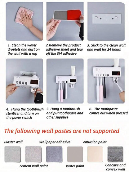 1 pezzo Sterilizzatore per spazzolino da denti intelligente bianco, supporto per spazzolino da denti montato a parete senza foratura, spremitore automatico di dentifricio multifunzione ricaricabile USB