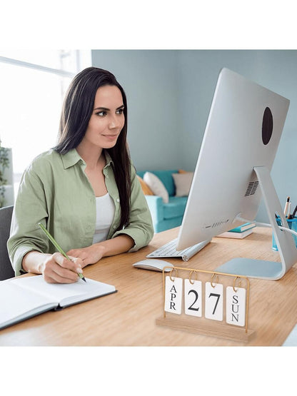 Calendario perpetuo da tavolo in legno - display mese/data in metallo e legno con finitura dorata, decorazione d'ufficio riutilizzabile per insegnanti/studenti - forniture per aula