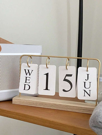 Calendario perpetuo da tavolo in legno - display mese/data in metallo e legno con finitura dorata, decorazione d'ufficio riutilizzabile per insegnanti/studenti - forniture per aula