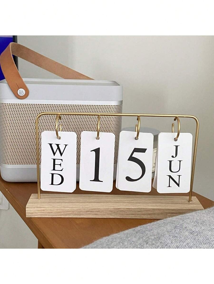 Calendario perpetuo da tavolo in legno - display mese/data in metallo e legno con finitura dorata, decorazione d'ufficio riutilizzabile per insegnanti/studenti - forniture per aula