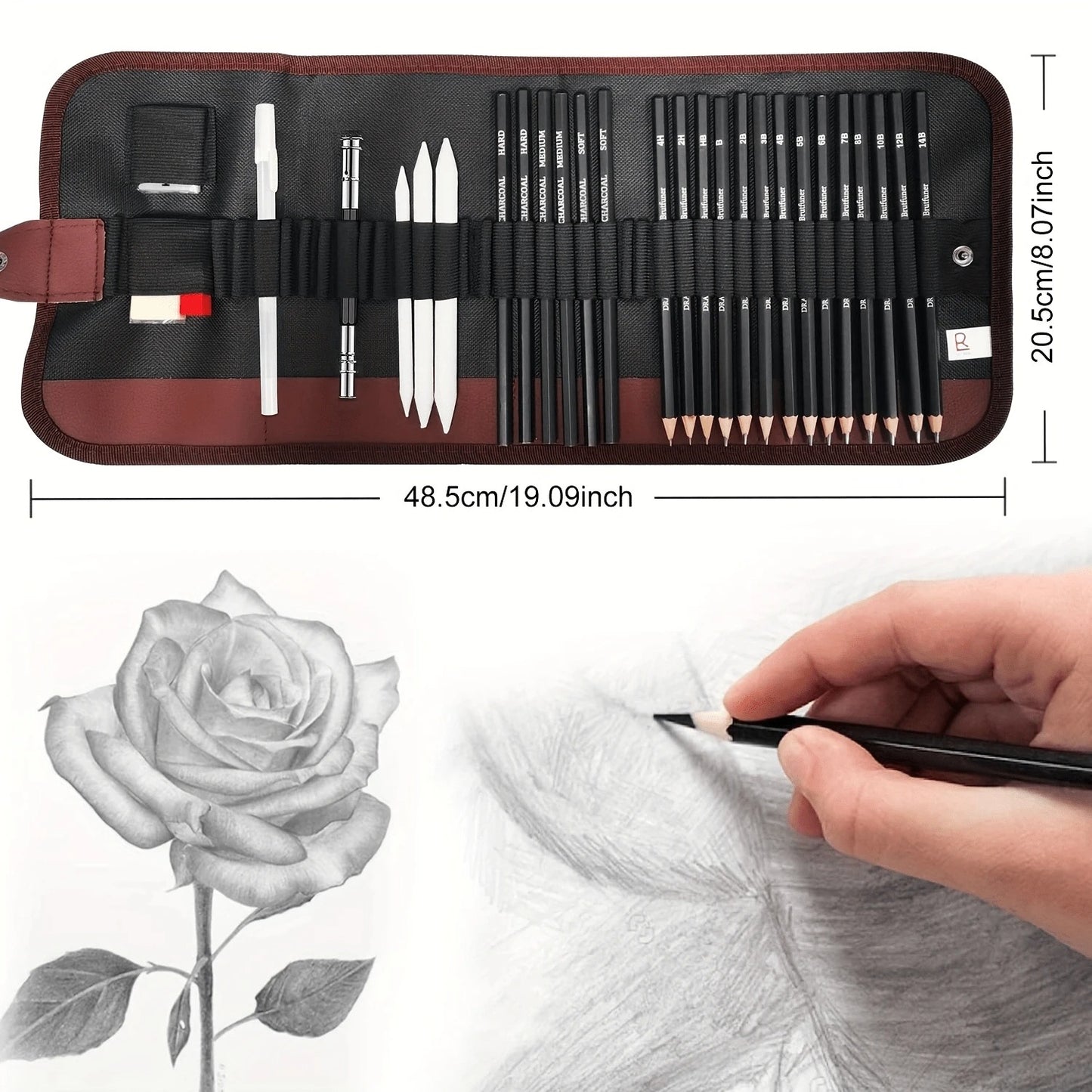 Set di matite per disegno di schizzi, set di forniture d'arte di matite di grafite per schizzi professionali, matite di carbone, stumps di fusione (29 forniture d'arte)