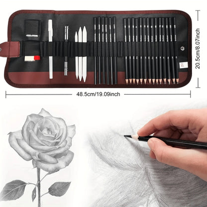 Set di matite per disegno di schizzi, set di forniture d'arte di matite di grafite per schizzi professionali, matite di carbone, stumps di fusione (29 forniture d'arte)
