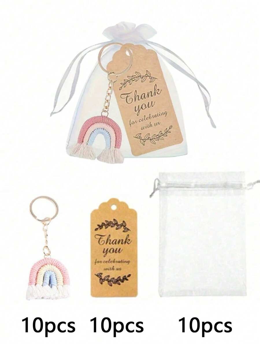 Set regalo di 30 pezzi/15 pezzi di portachiavi intrecciati arcobaleno, inclusi 5 pezzi/10 pezzi di portachiavi fatti a mano, 5 pezzi/10 pezzi di biglietti di ringraziamento e 5 pezzi/10 pezzi di sacchetti in organza, portachiavi intrecciati