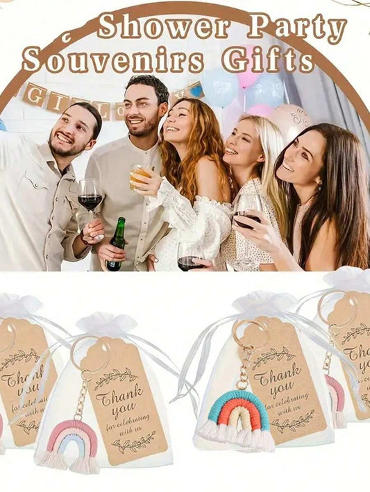 Set regalo di 30 pezzi/15 pezzi di portachiavi intrecciati arcobaleno, inclusi 5 pezzi/10 pezzi di portachiavi fatti a mano, 5 pezzi/10 pezzi di biglietti di ringraziamento e 5 pezzi/10 pezzi di sacchetti in organza, portachiavi intrecciati