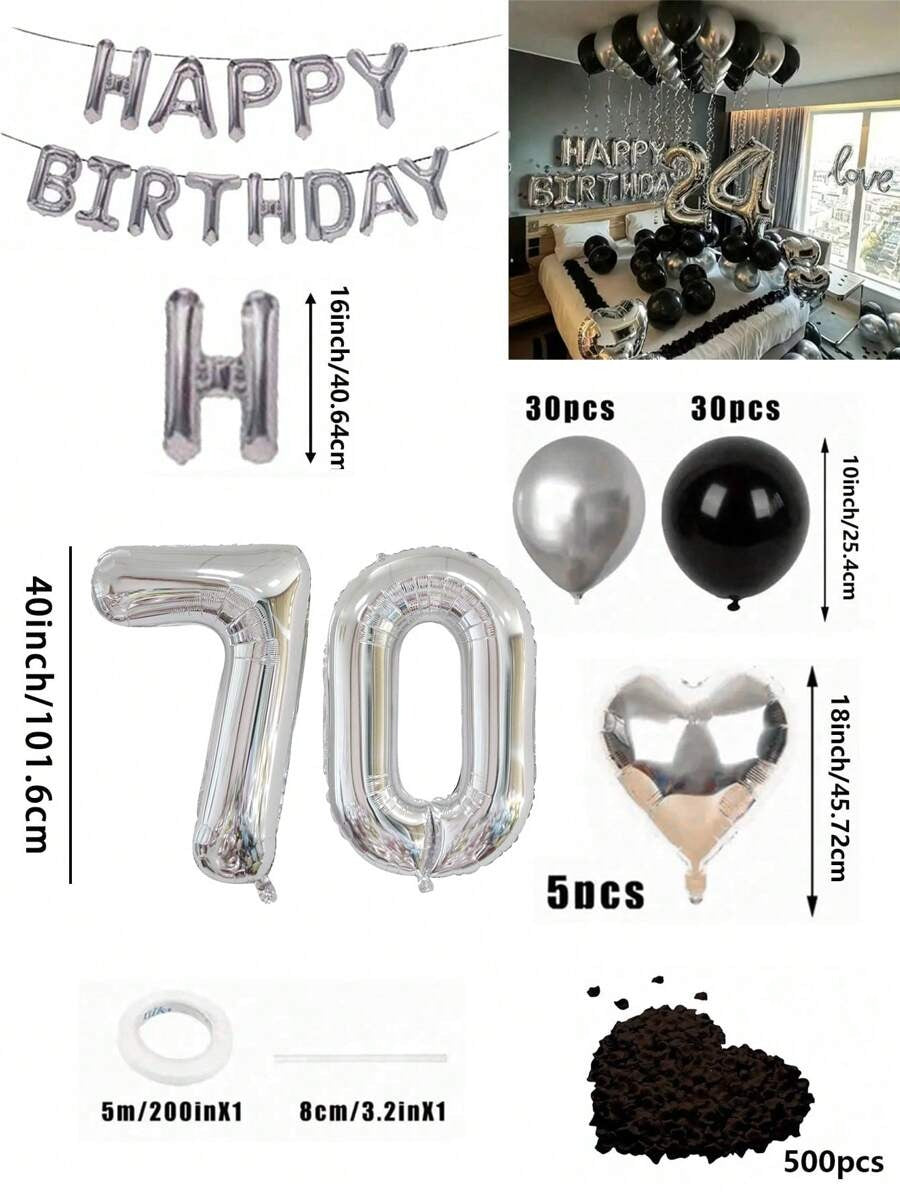 Set di 580 palloncini per ghirlanda da compleanno, colori nero e argento, palloncini in foil numeri oversize da 40", petali di rosa neri, adatto per feste di compleanno di uomini e donne
