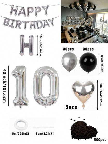 Set di 580 palloncini per ghirlanda da compleanno, colori nero e argento, palloncini in foil numeri oversize da 40", petali di rosa neri, adatto per feste di compleanno di uomini e donne
