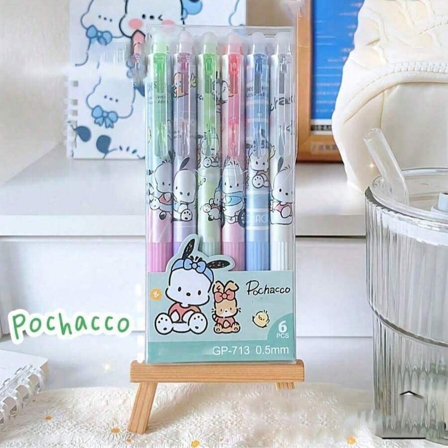 Set di 6 penne gel cancellabili con amici di Hello Kitty, Kuromi e Melody (Kuromi/Melody/Cinnamoroll/Pochacco) - Penne a sfera retrattili ad inchiostro blu da 0,5 mm