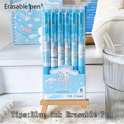 Set di 6 penne gel cancellabili con amici di Hello Kitty, Kuromi e Melody (Kuromi/Melody/Cinnamoroll/Pochacco) - Penne a sfera retrattili ad inchiostro blu da 0,5 mm