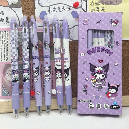 Set di 6 penne gel cancellabili con amici di Hello Kitty, Kuromi e Melody (Kuromi/Melody/Cinnamoroll/Pochacco) - Penne a sfera retrattili ad inchiostro blu da 0,5 mm