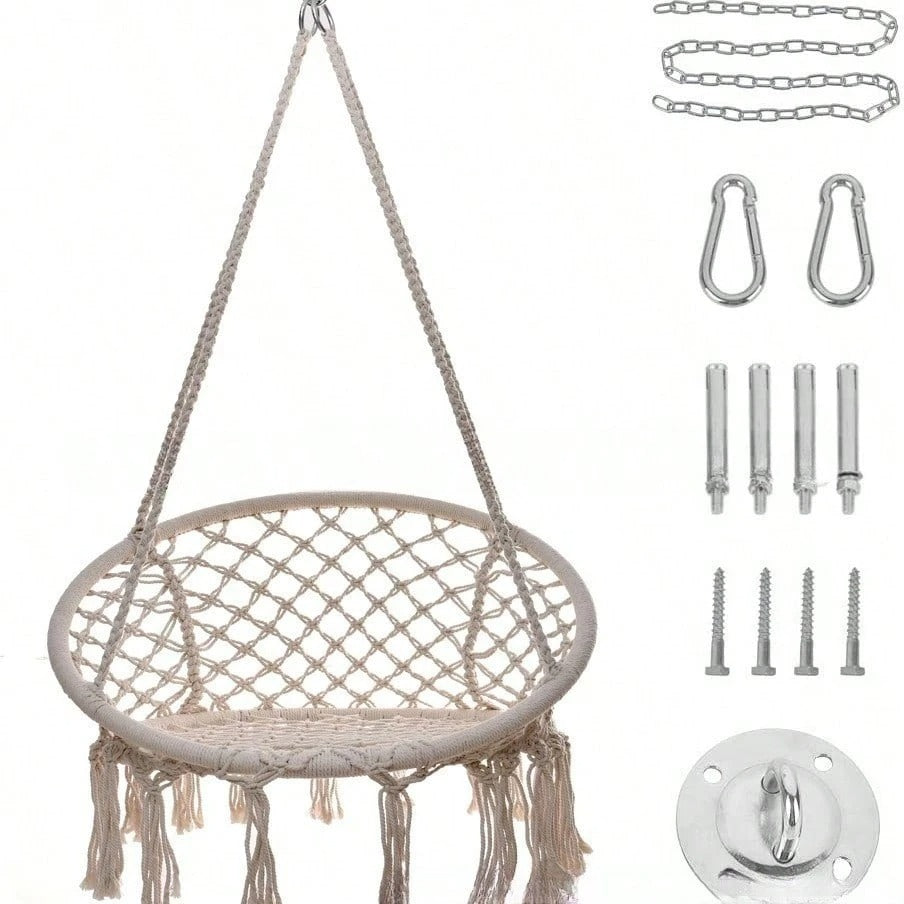 Altalena da esterno larga 80 cm, sedia sospesa da cortile, sedia sospesa da balcone, sedia sospesa da esterno, sedia sospesa da esterno, amaca, corda di cotone intrecciata, nappa, cesto sospeso