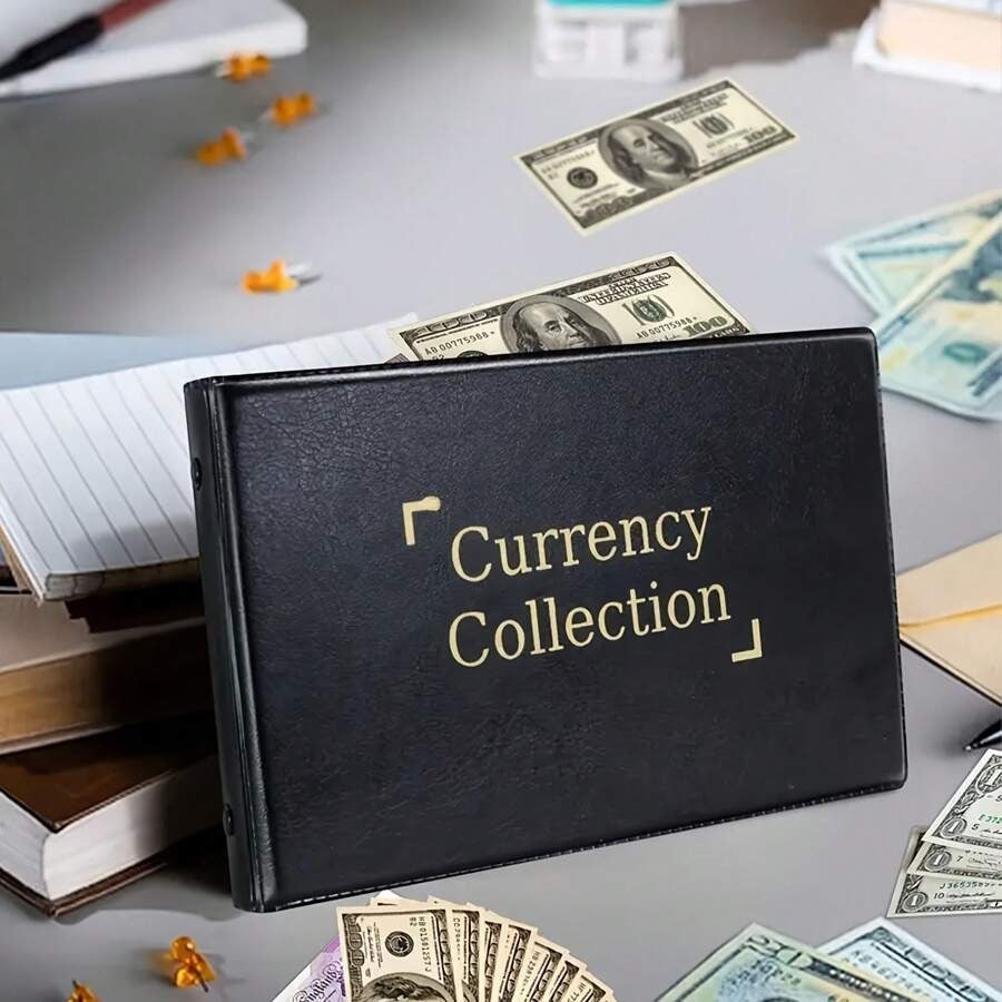 Album per collezione di valute con 40 tasche, un libretto per i depositi di contanti, una cartella per i depositi, un libro di cassa, un registro note e un libro di risparmio, progettato per collezionisti