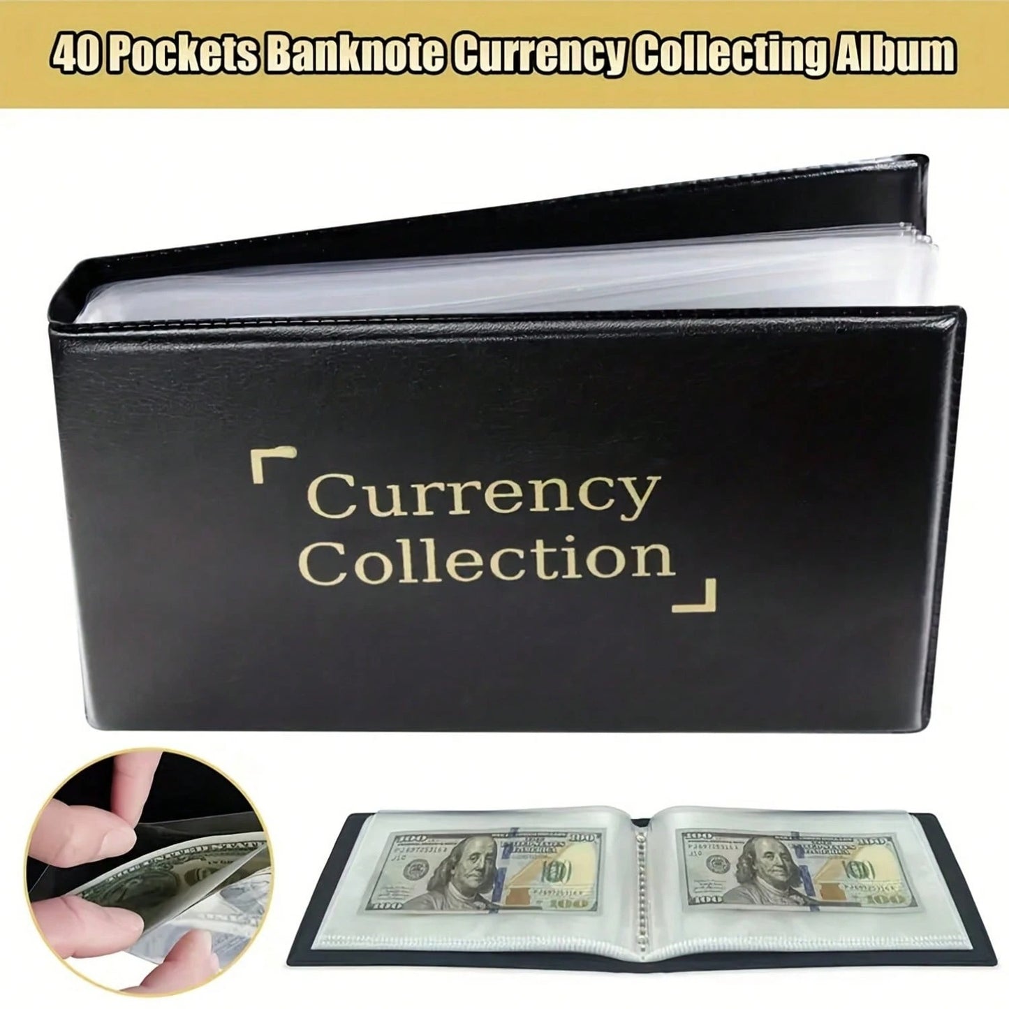 Album per collezione di valute con 40 tasche, un libretto per i depositi di contanti, una cartella per i depositi, un libro di cassa, un registro note e un libro di risparmio, progettato per collezionisti