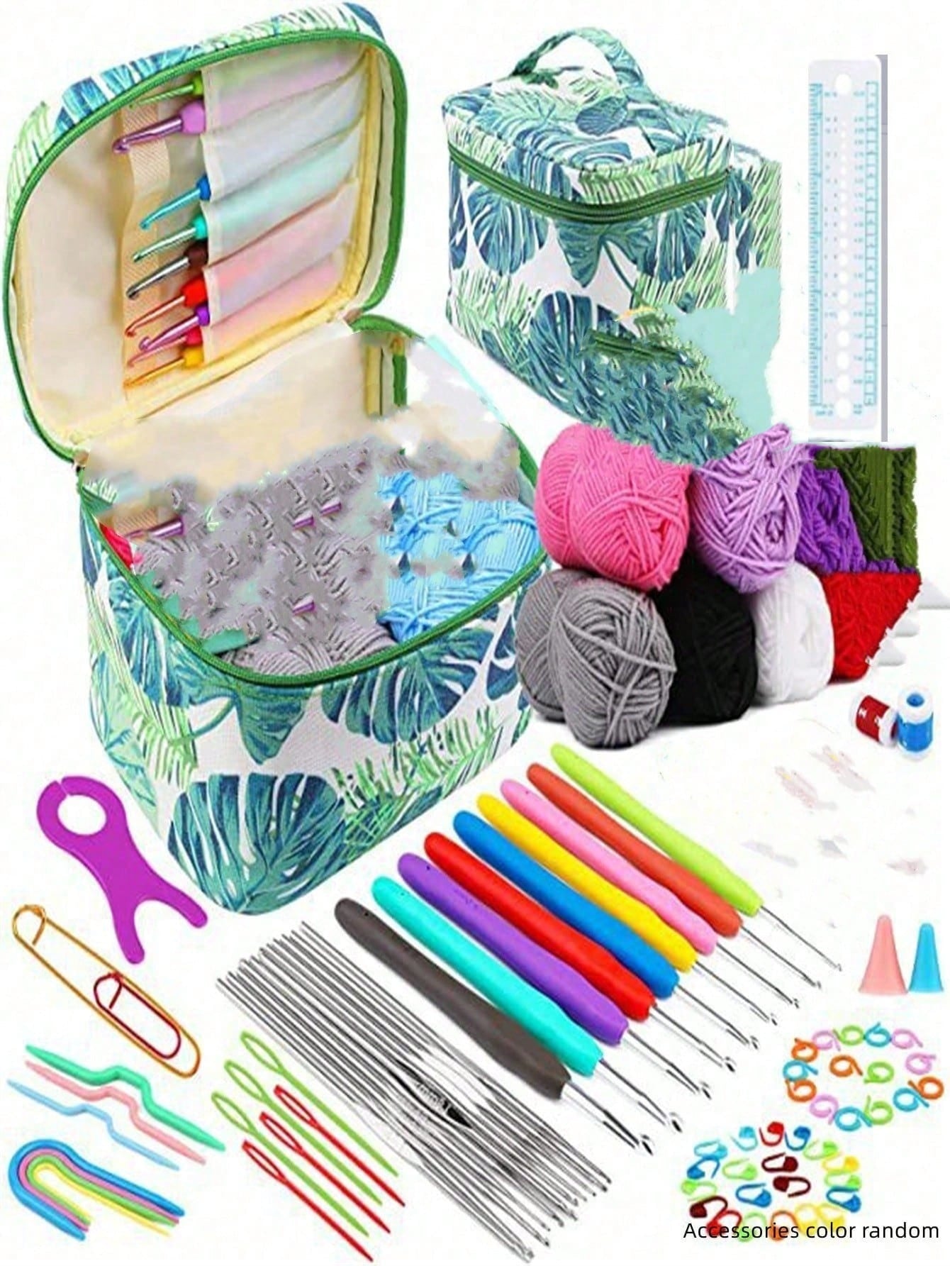 Set all'uncinetto, 108 pezzi Kit di avviamento all'uncinetto fai-da-te con tutti i materiali, set portatile di attrezzi per lavorare a maglia con filati, attrezzi di base per uncinetto fai-da-te con filati, kit per hobby creativi